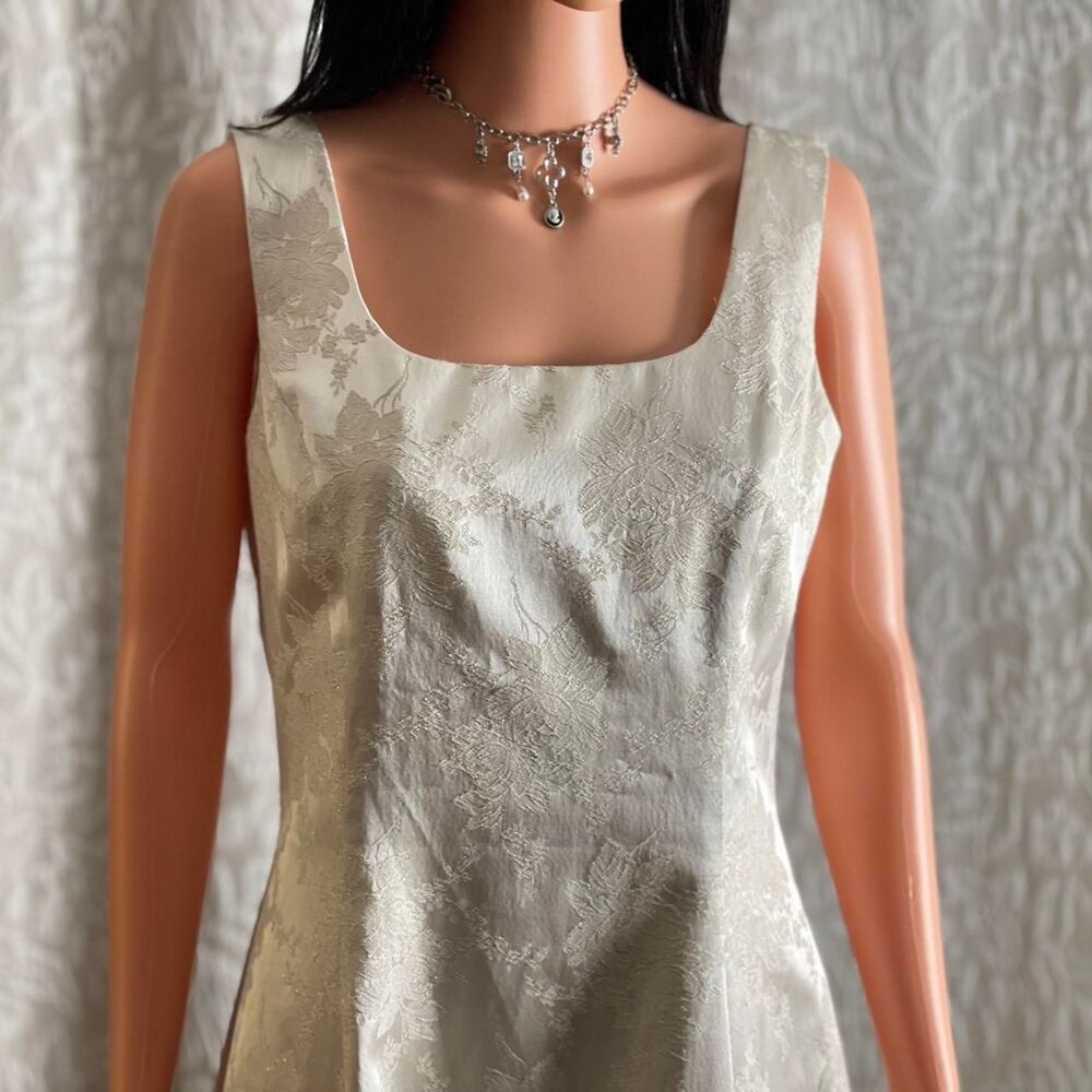 Vintage 90s Scott McClintock Ivory Metallic Jacquard Wedding Gown Prom Dress 10 - Picture 3 of 8